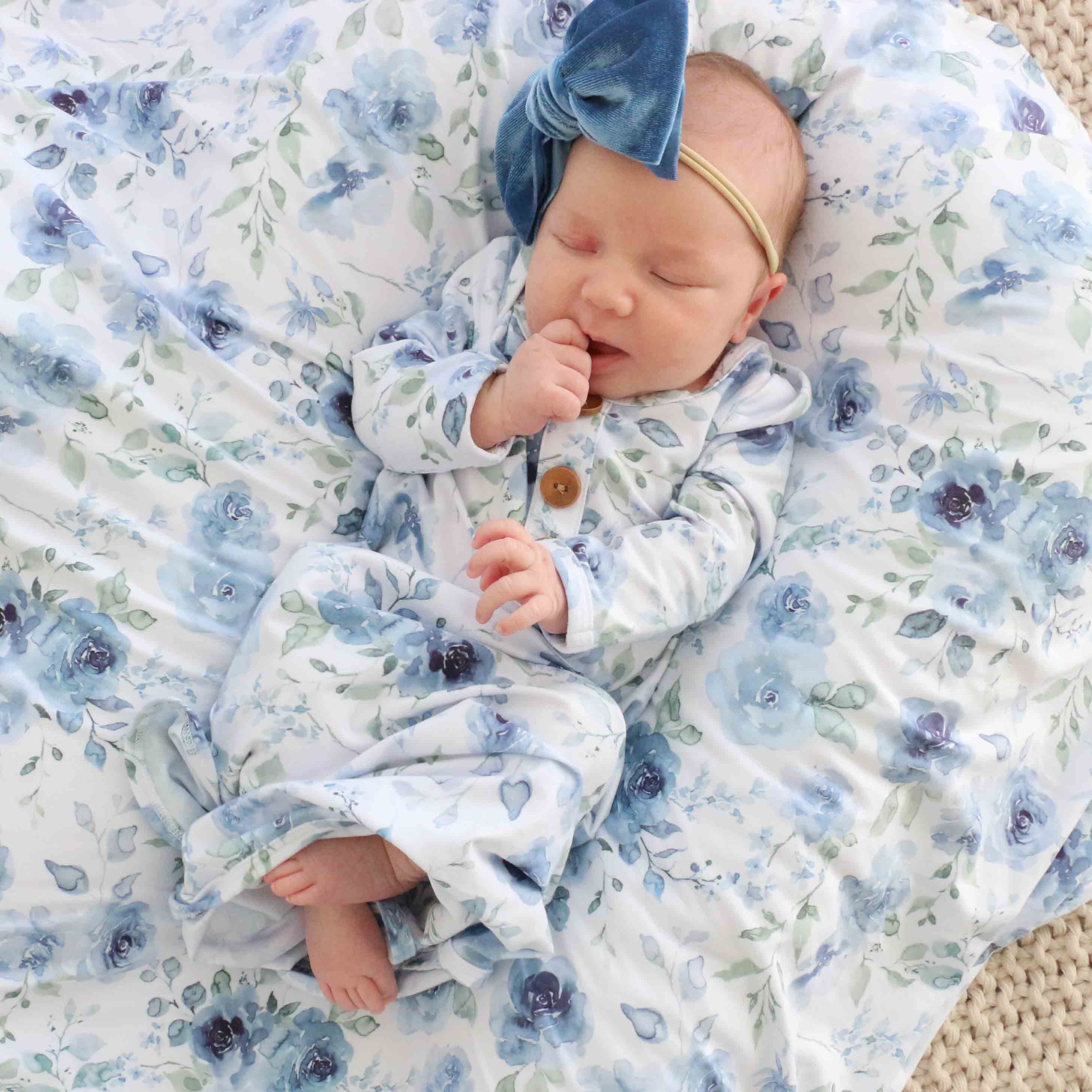 Bailey's Blue Floral Newborn Baby Knot Gown & Hat Set - Image 3
