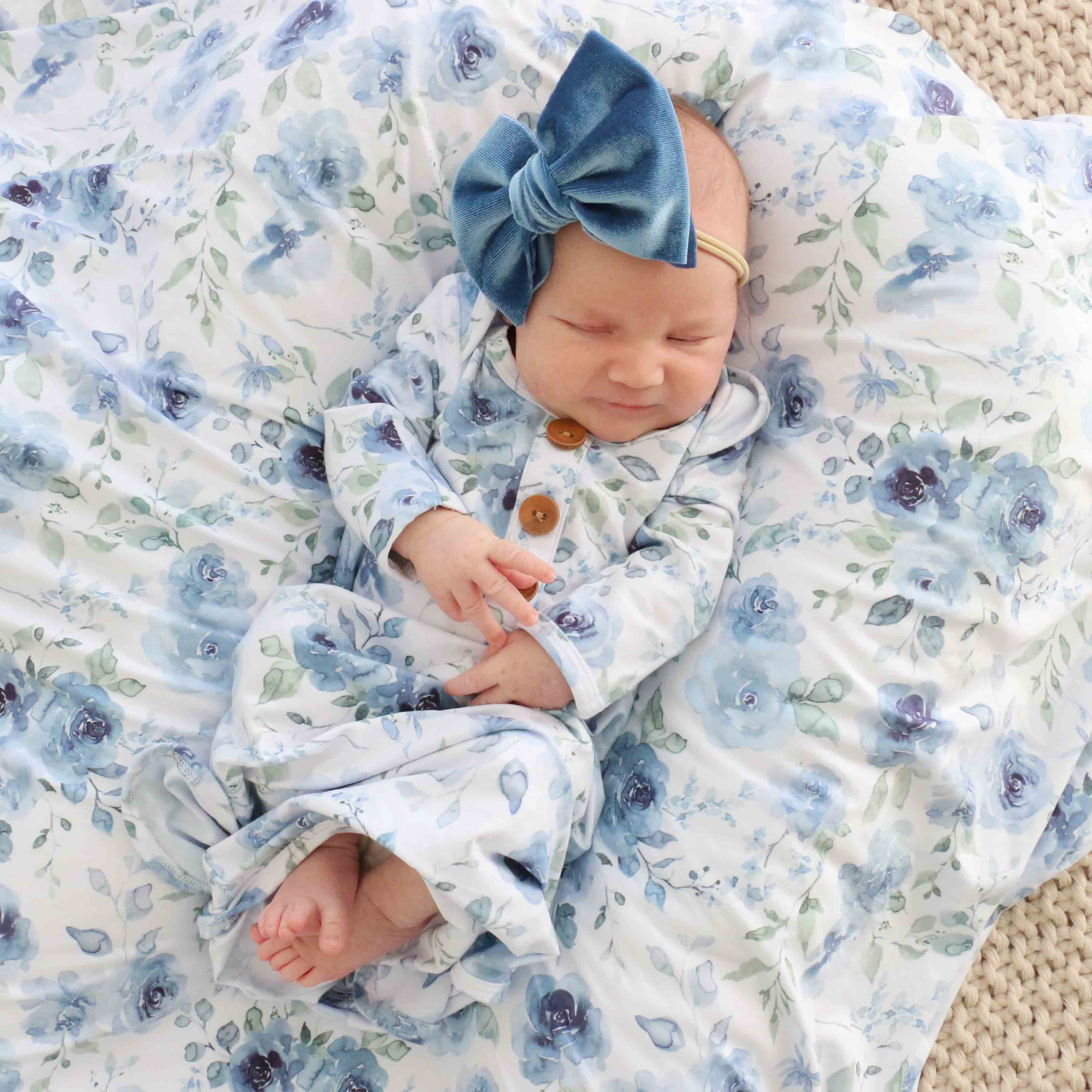 Bailey's Blue Floral Newborn Baby Knot Gown & Hat Set - Image 4