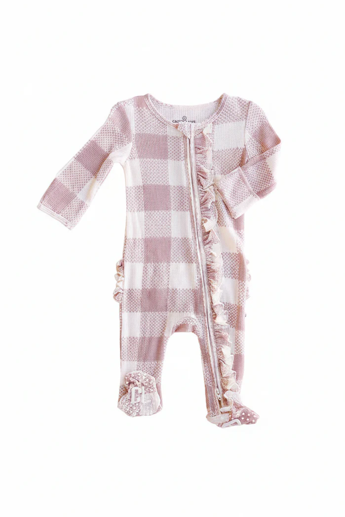 Big Check Bamboo Waffle Zipper Ruffle Footie | Rosy - Image 10