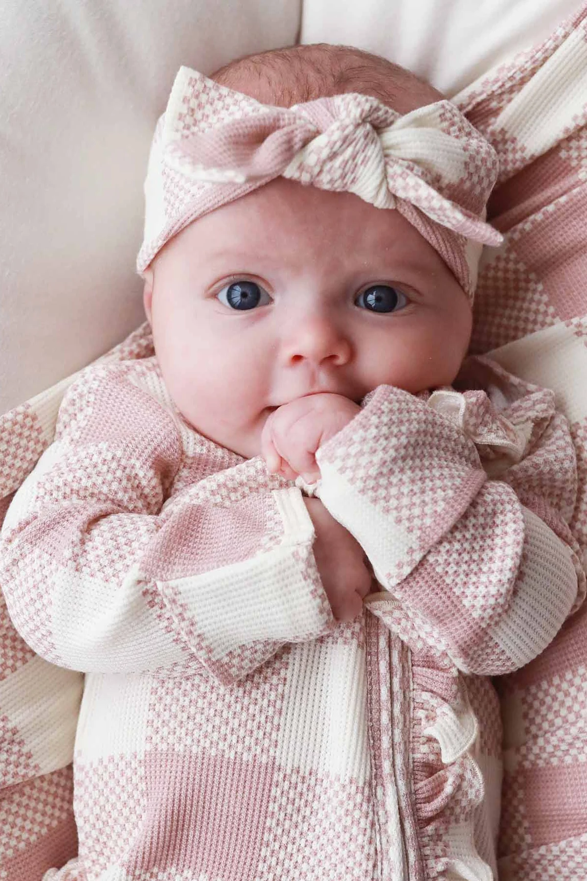 Big Check Bamboo Waffle Zipper Ruffle Footie | Rosy - Image 11