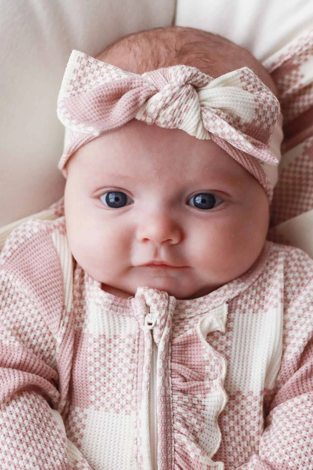 Big Check Bamboo Waffle Zipper Ruffle Footie | Rosy - Image 12