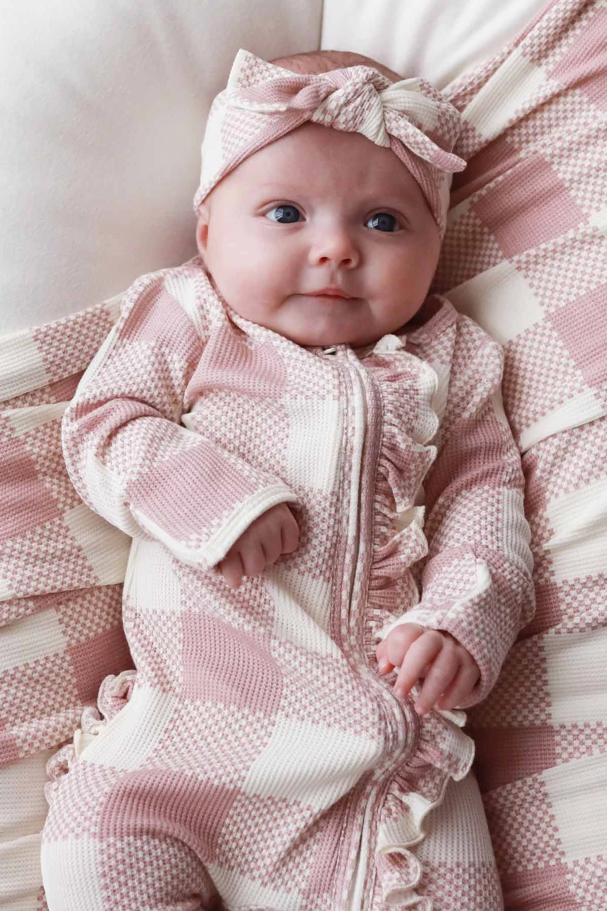 Big Check Bamboo Waffle Zipper Ruffle Footie | Rosy - Image 13