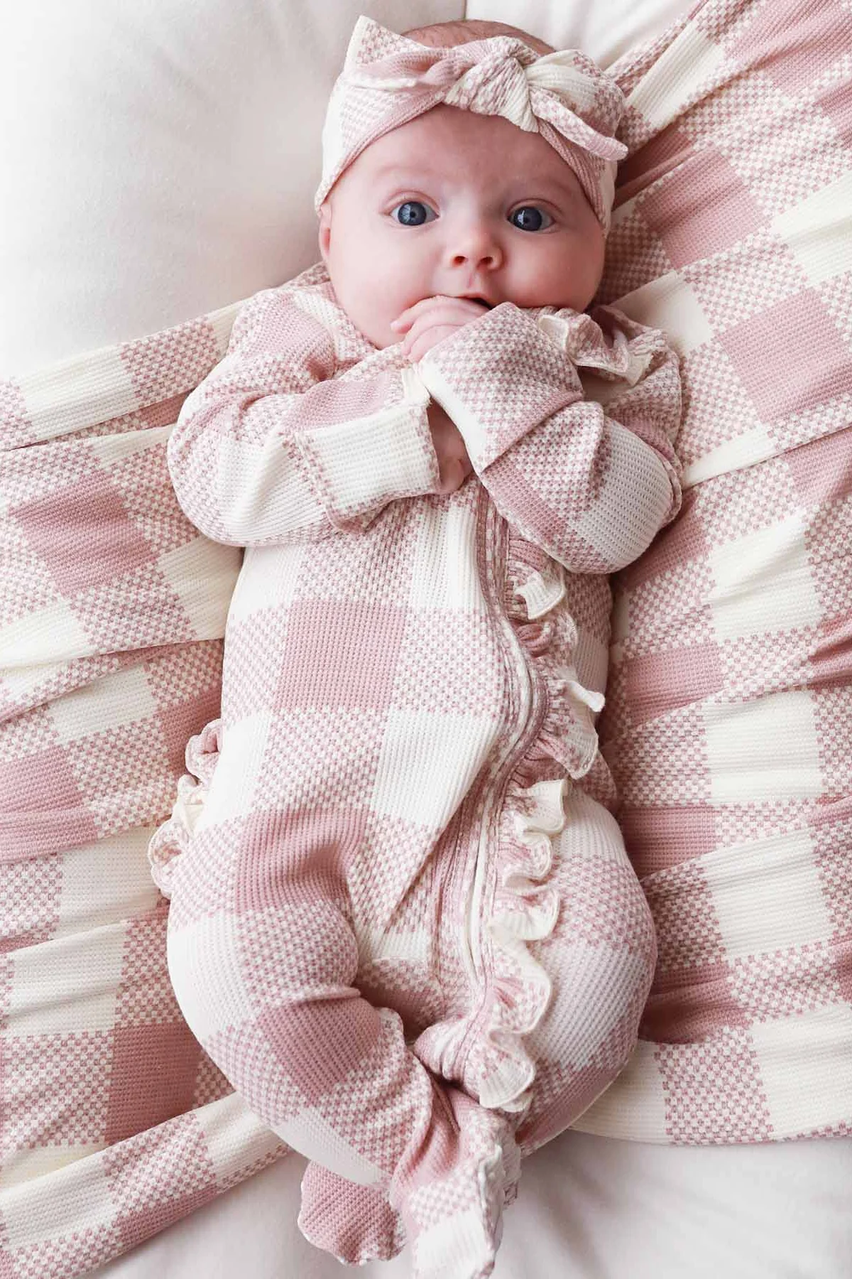 Big Check Bamboo Waffle Zipper Ruffle Footie | Rosy - Image 4