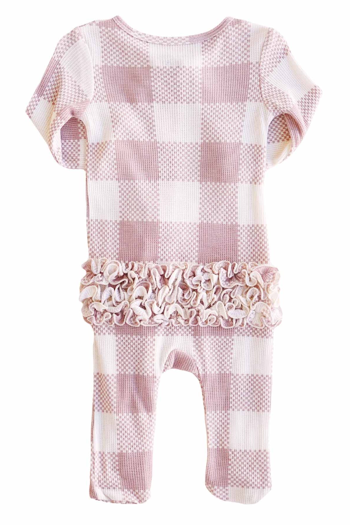 Big Check Bamboo Waffle Zipper Ruffle Footie | Rosy - Image 5