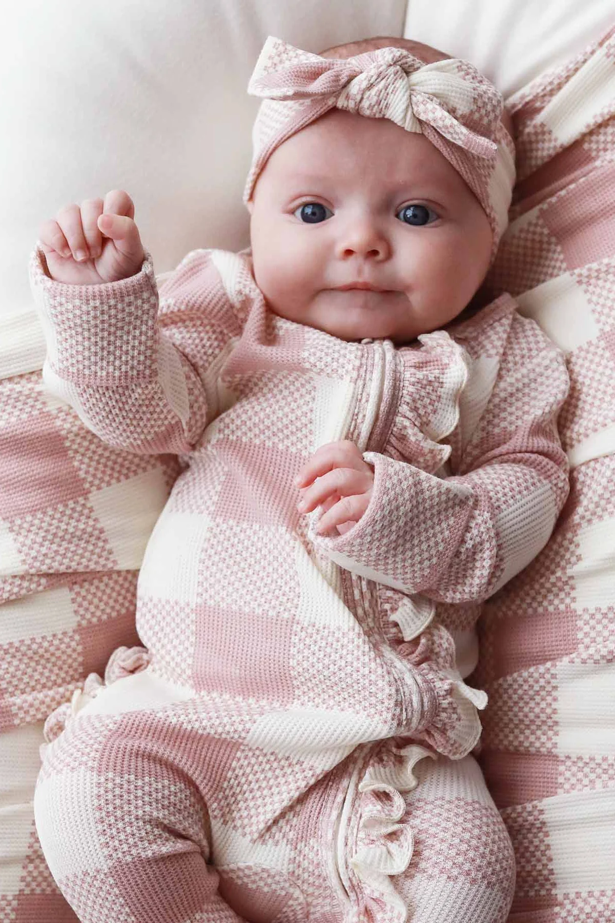 Big Check Bamboo Waffle Zipper Ruffle Footie | Rosy - Image 7