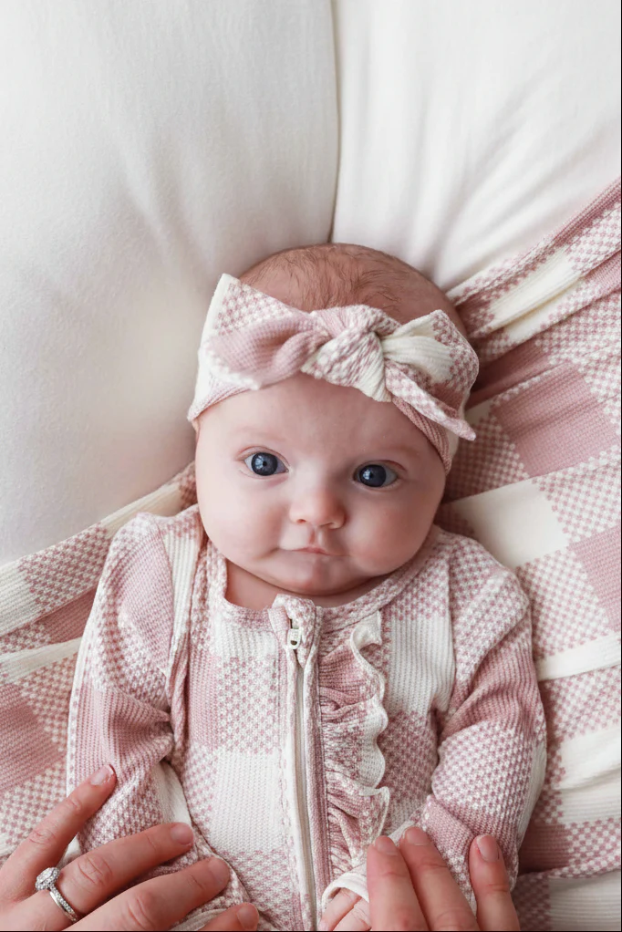 Big Check Bamboo Waffle Zipper Ruffle Footie | Rosy - Image 8