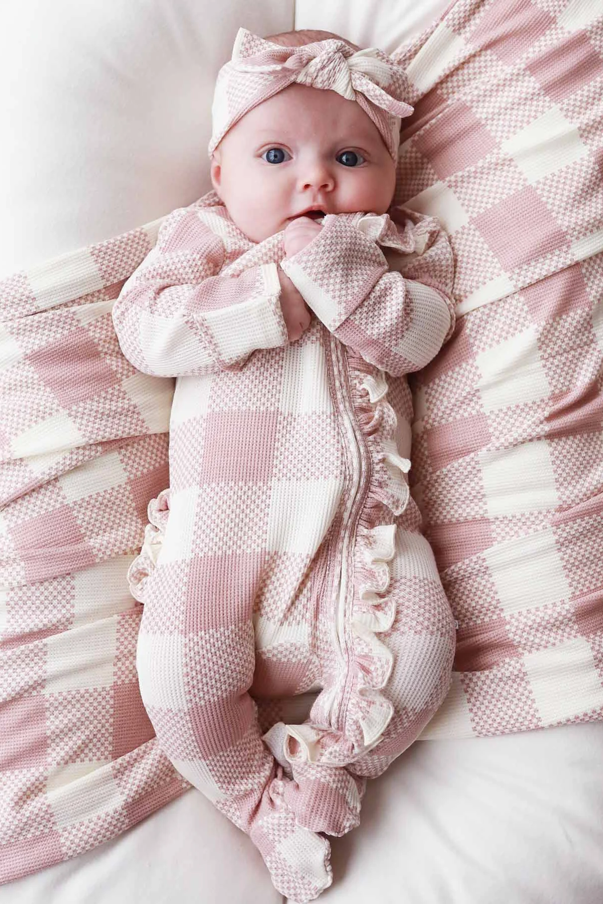 Big Check Bamboo Waffle Zipper Ruffle Footie | Rosy - Image 9