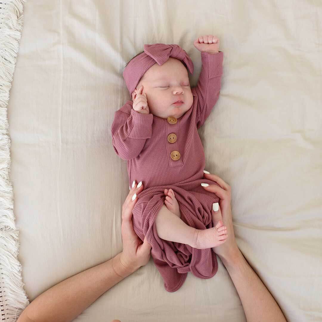 Boysenberry Bamboo Waffle Newborn Baby Knot Gown & Hat Set - Image 3