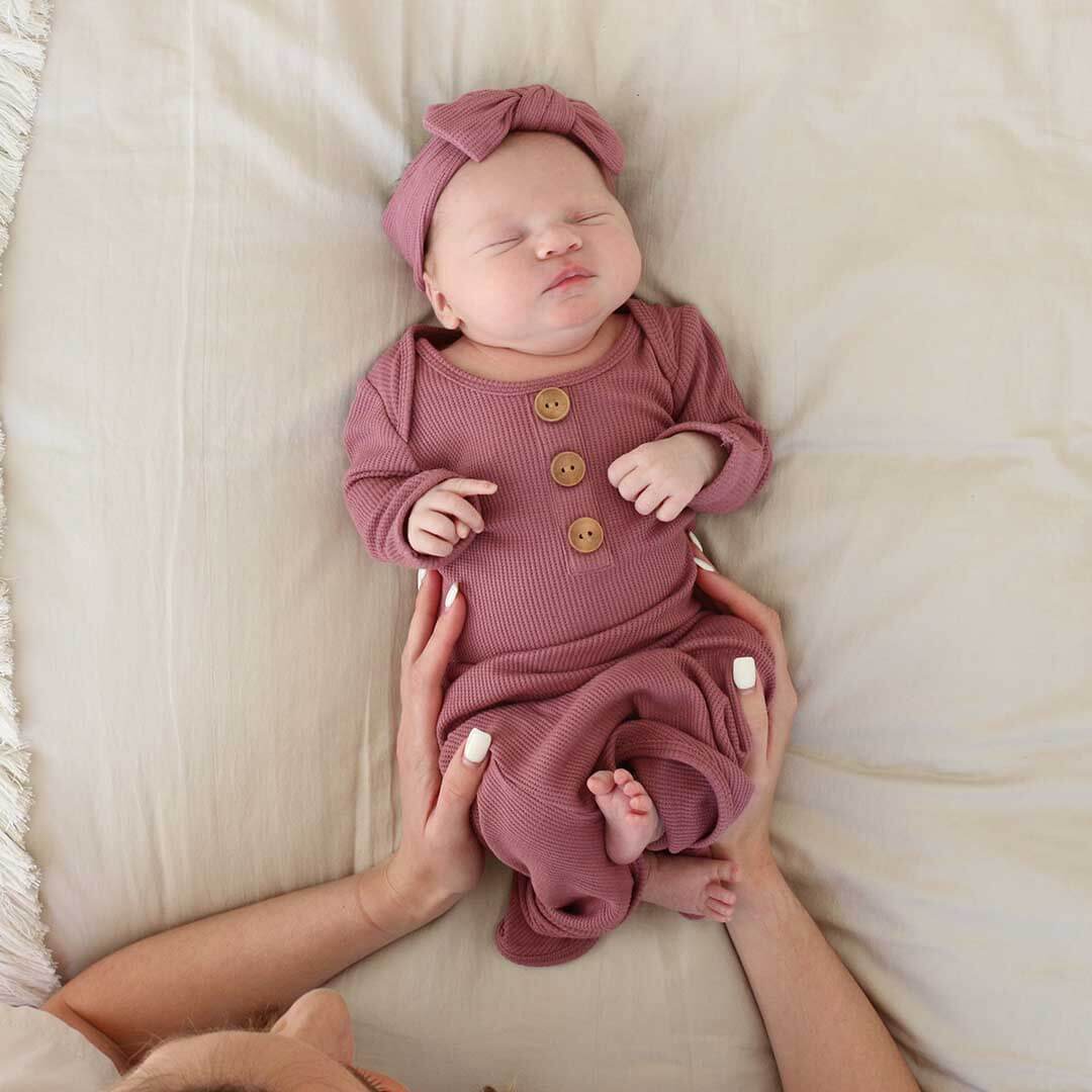 Boysenberry Bamboo Waffle Newborn Baby Knot Gown & Hat Set - Image 4