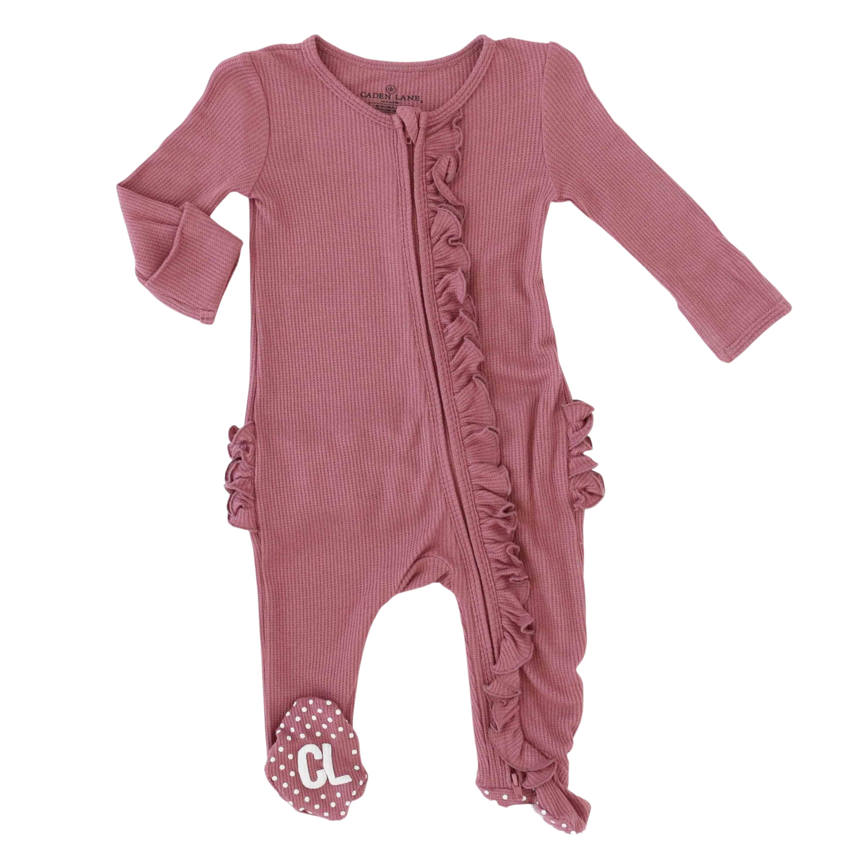 Boysenberry Bamboo Waffle Ruffle Zipper Footie - Image 3