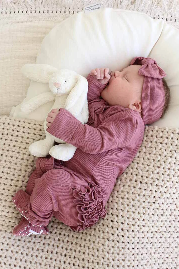 Boysenberry Bamboo Waffle Ruffle Zipper Footie - Image 5