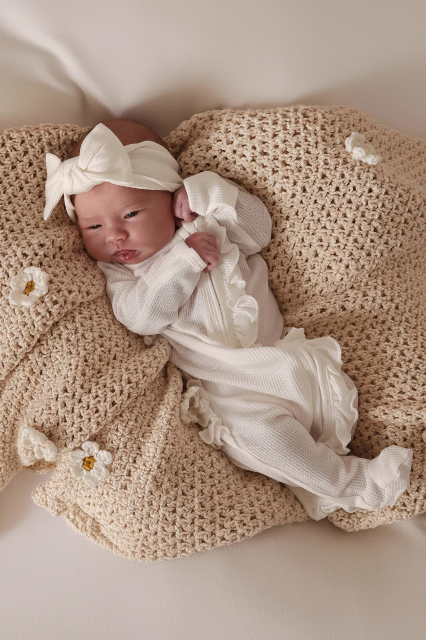 Cloud White Bamboo Waffle Ruffle Zipper Footie - Image 3