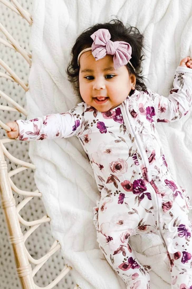 Demi's Dusty Purple Floral Ruffle Zipper Footie - Image 5