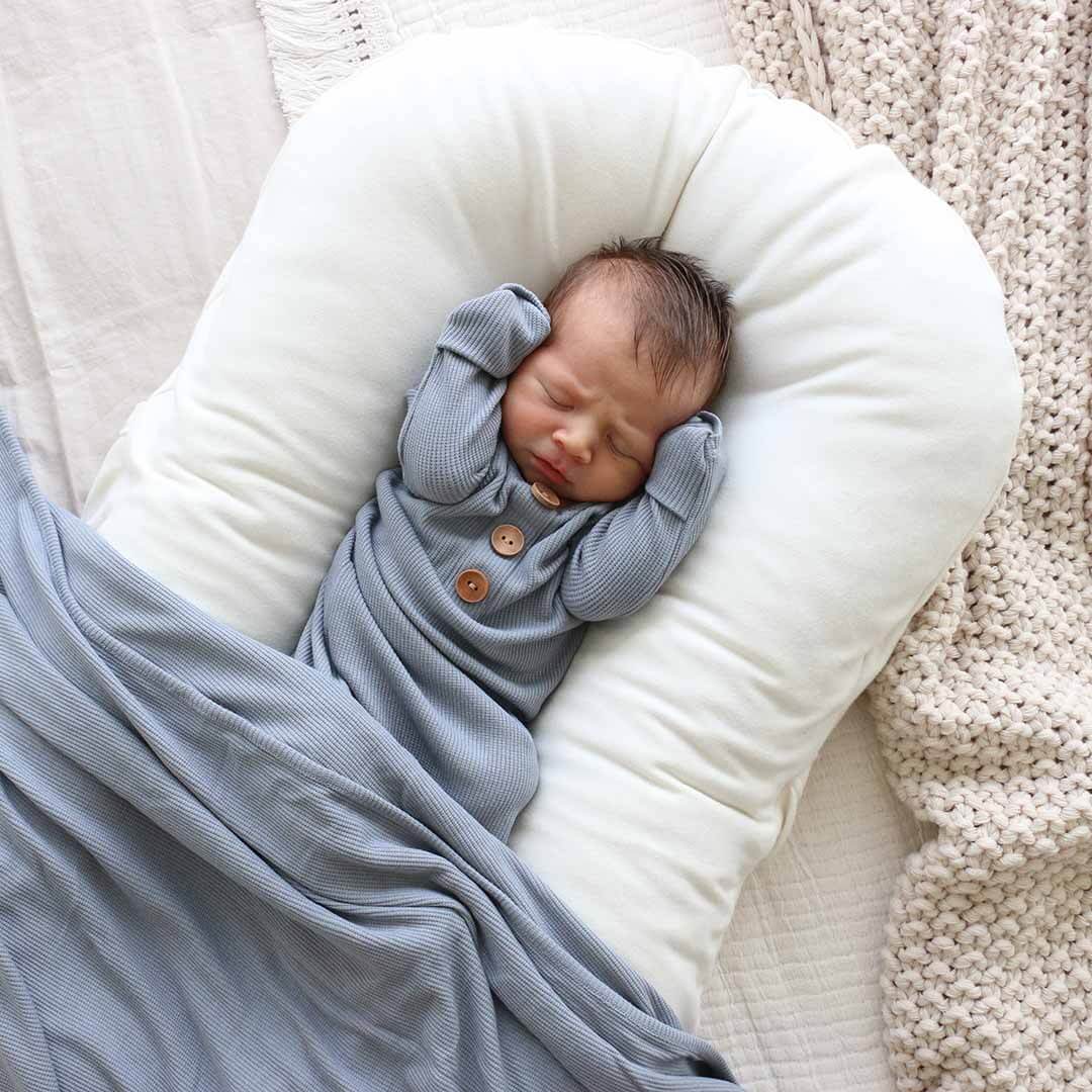 Dusty Denim Bamboo Waffle Newborn Baby Knot Gown & Hat Set - Image 4