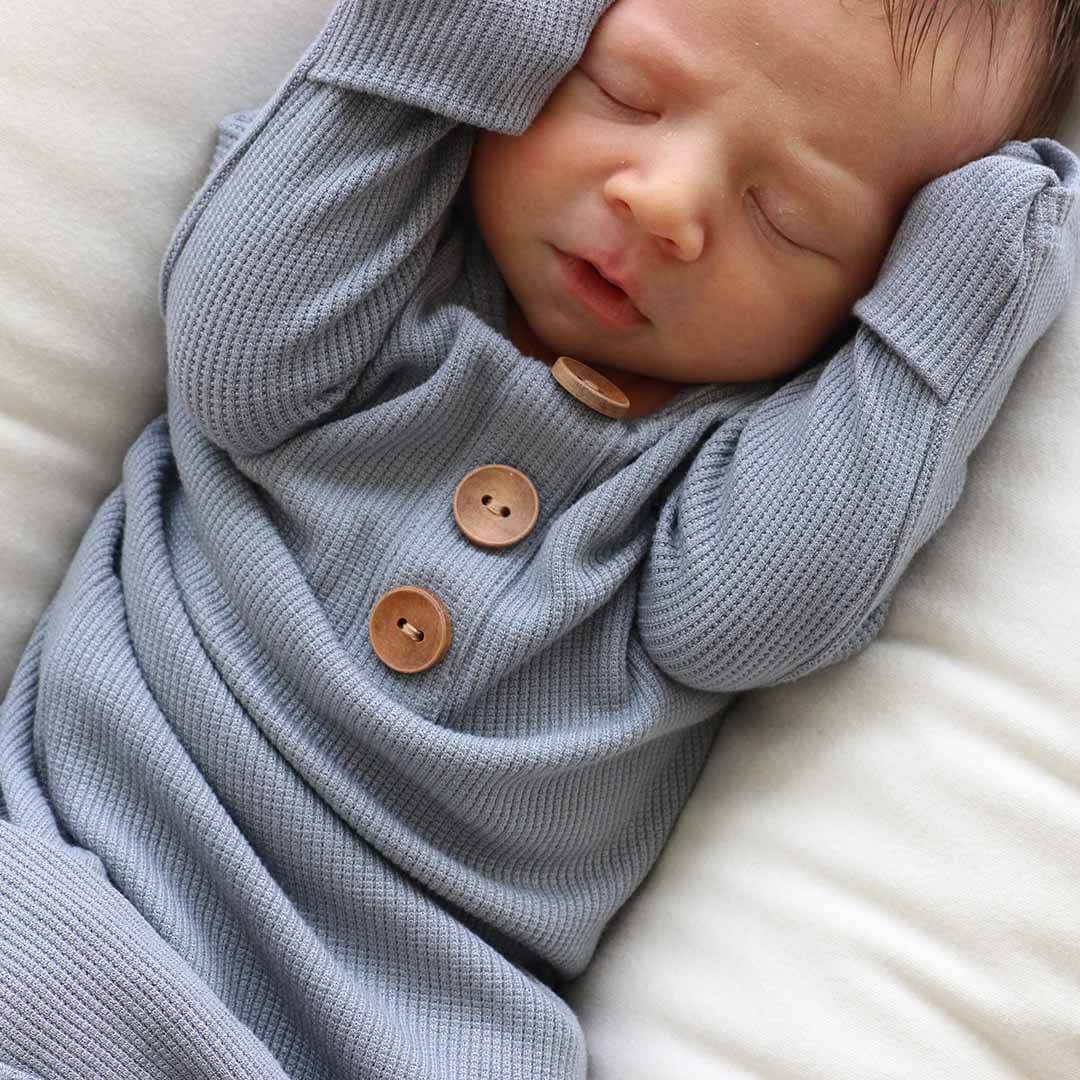 Dusty Denim Bamboo Waffle Newborn Baby Knot Gown & Hat Set - Image 5