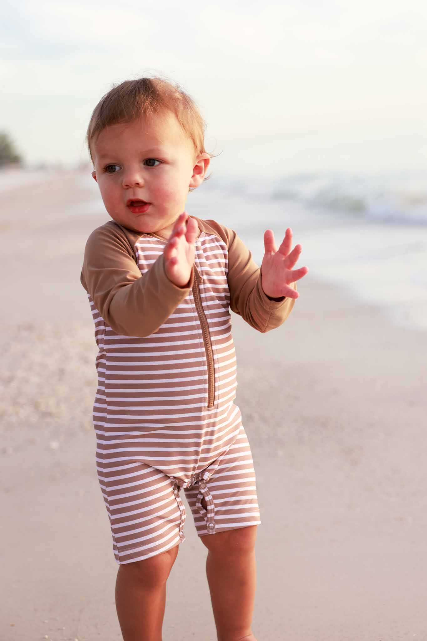 Long Sleeve Rash Guard Swim Romper Shortie | Sandy Stripes - Image 12