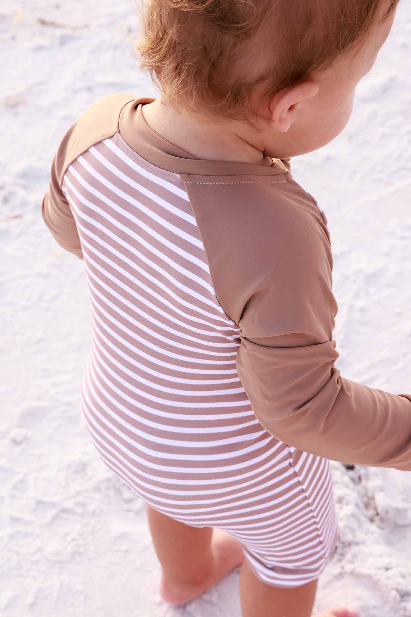 Long Sleeve Rash Guard Swim Romper Shortie | Sandy Stripes - Image 15