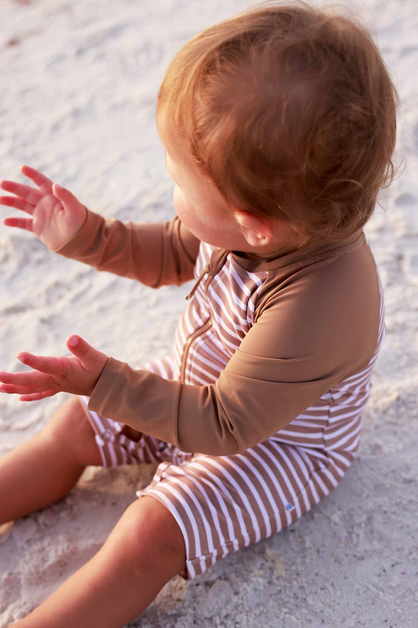 Long Sleeve Rash Guard Swim Romper Shortie | Sandy Stripes - Image 19