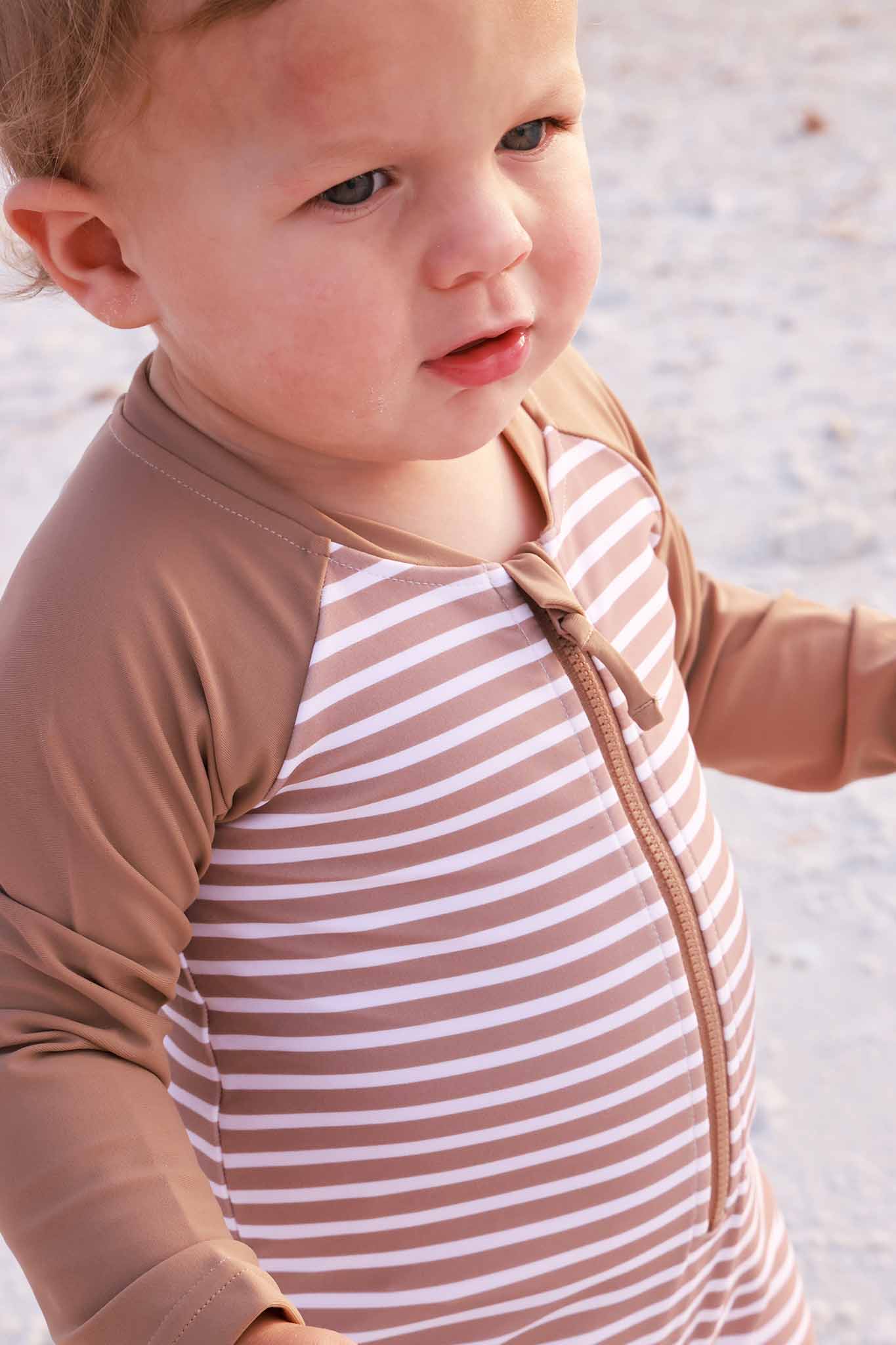 Long Sleeve Rash Guard Swim Romper Shortie | Sandy Stripes - Image 20