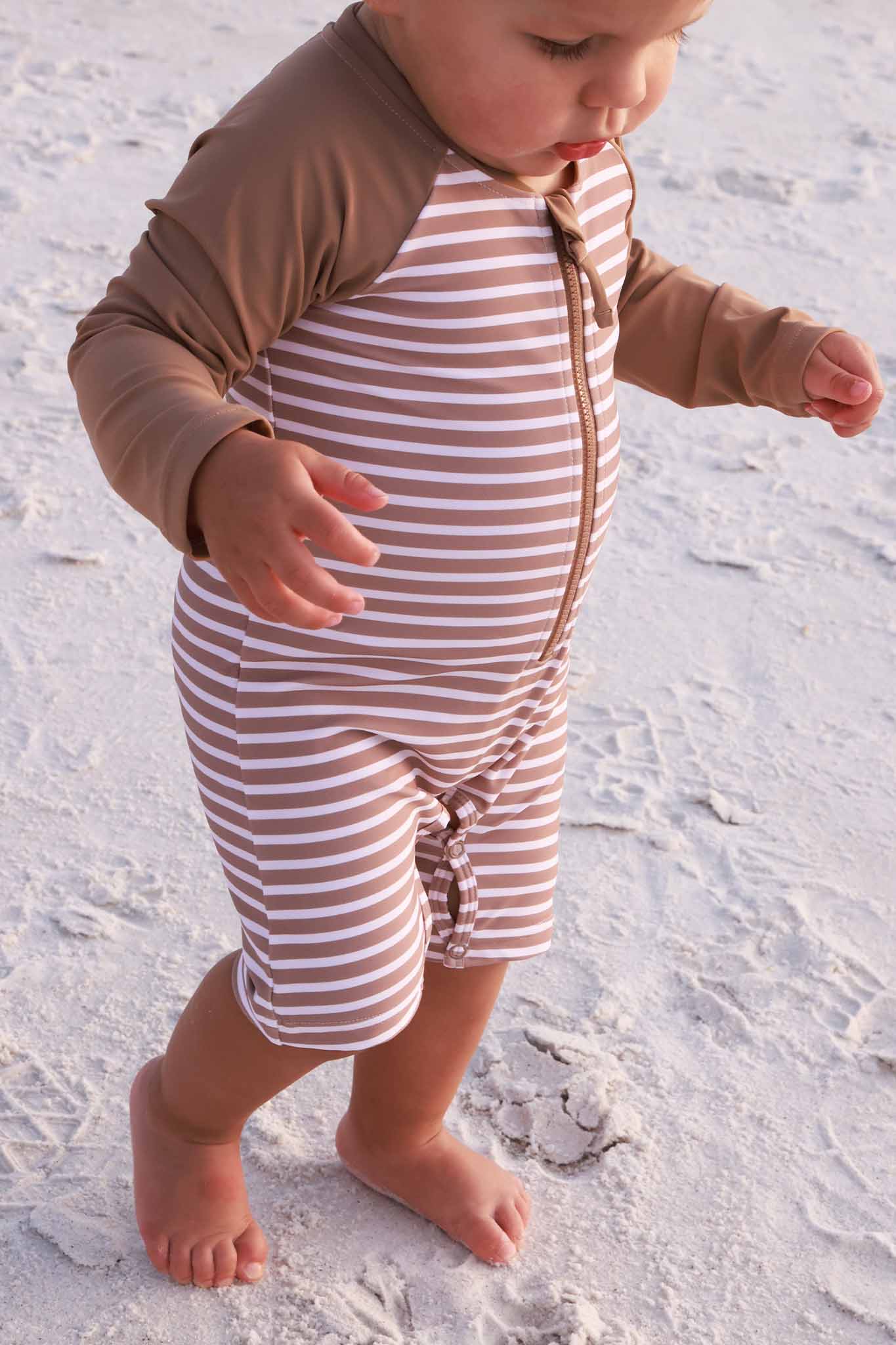 Long Sleeve Rash Guard Swim Romper Shortie | Sandy Stripes - Image 6