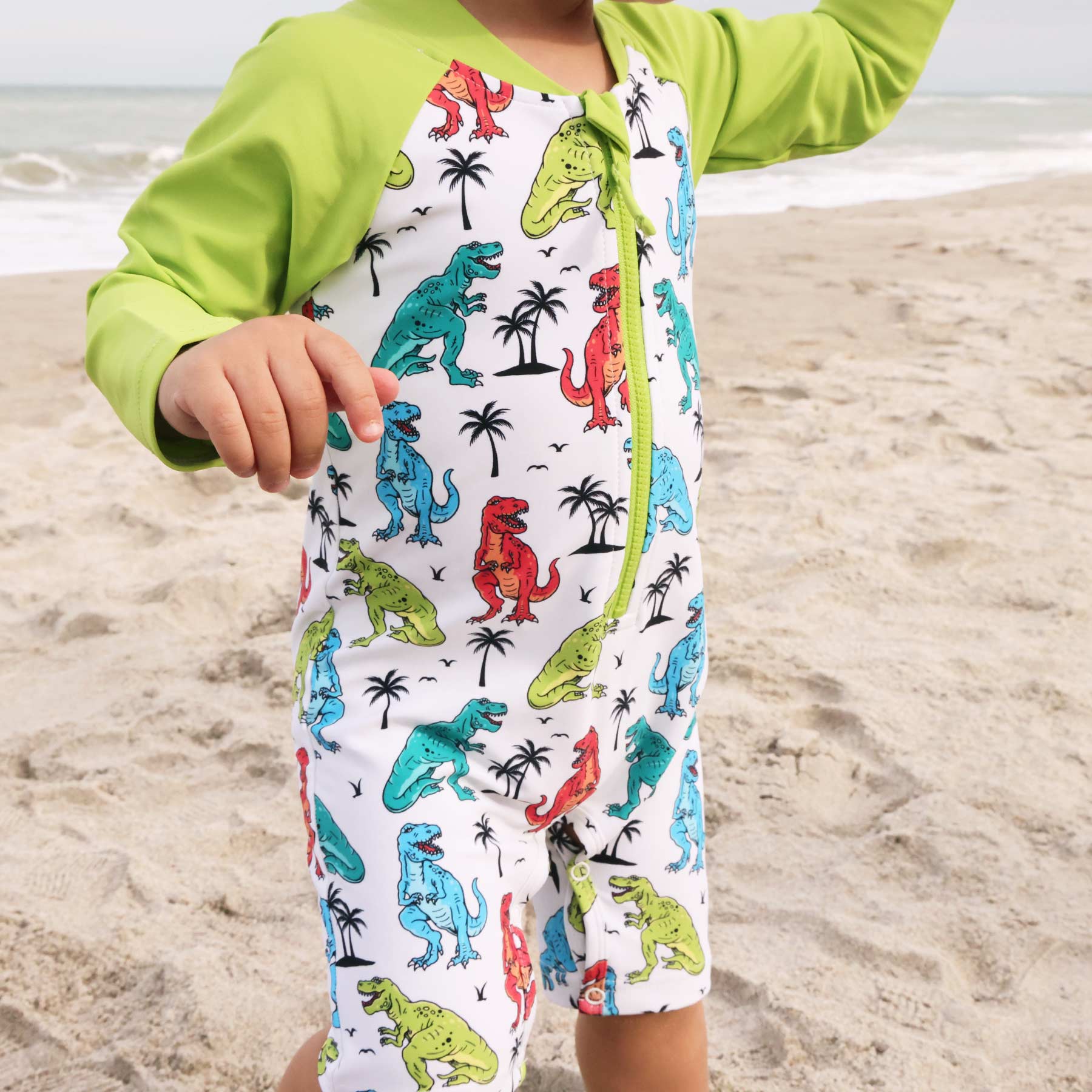 Long Sleeve Rash Guard Swim Romper Shortie | Tropical T-Rex - Image 10
