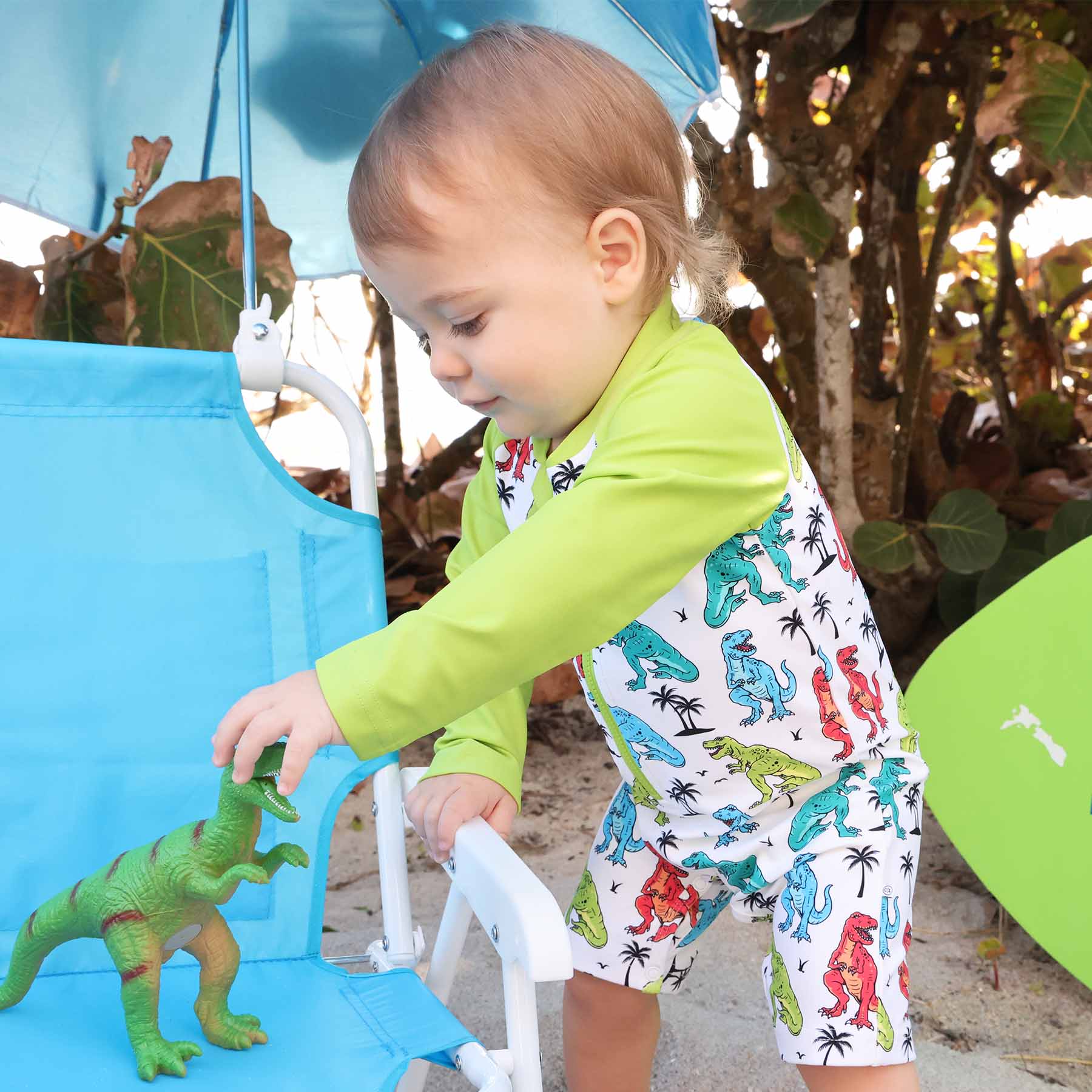 Long Sleeve Rash Guard Swim Romper Shortie | Tropical T-Rex - Image 11