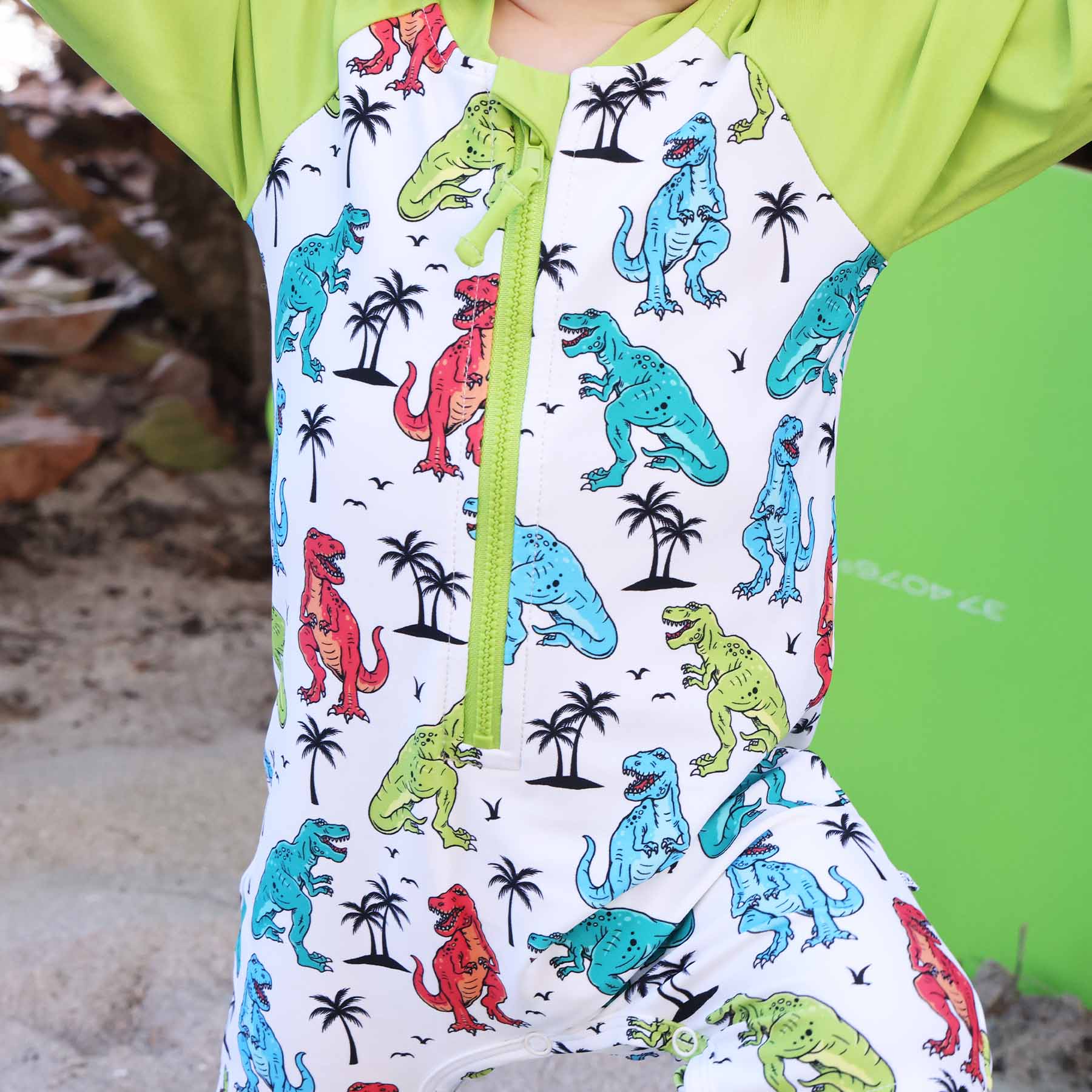 Long Sleeve Rash Guard Swim Romper Shortie | Tropical T-Rex - Image 12