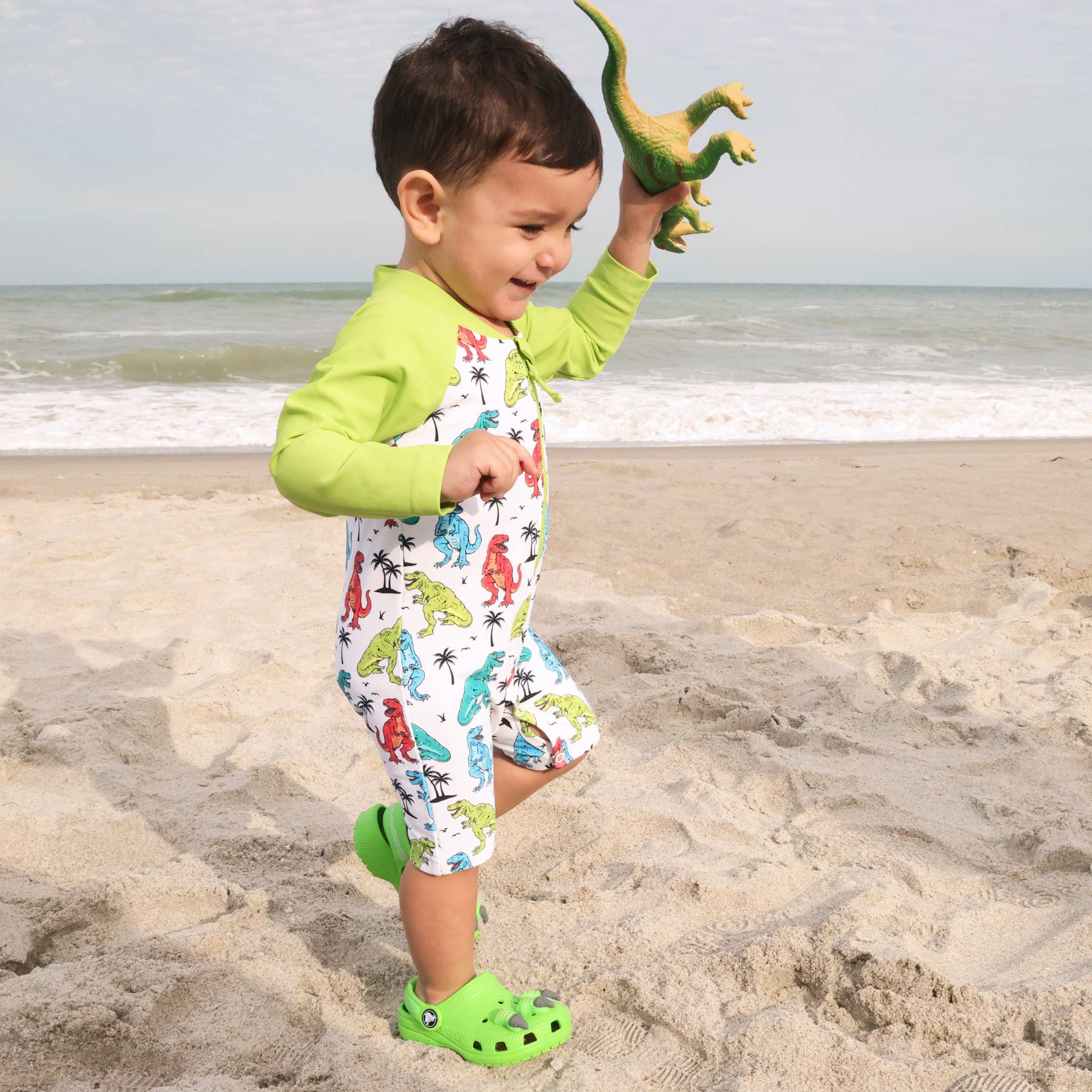Long Sleeve Rash Guard Swim Romper Shortie | Tropical T-Rex - Image 13