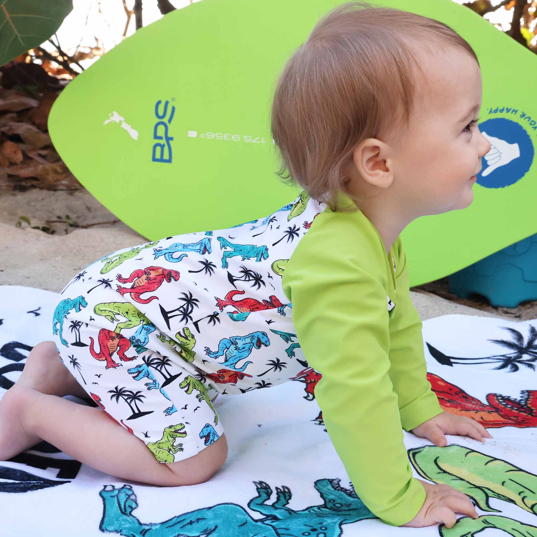 Long Sleeve Rash Guard Swim Romper Shortie | Tropical T-Rex - Image 15