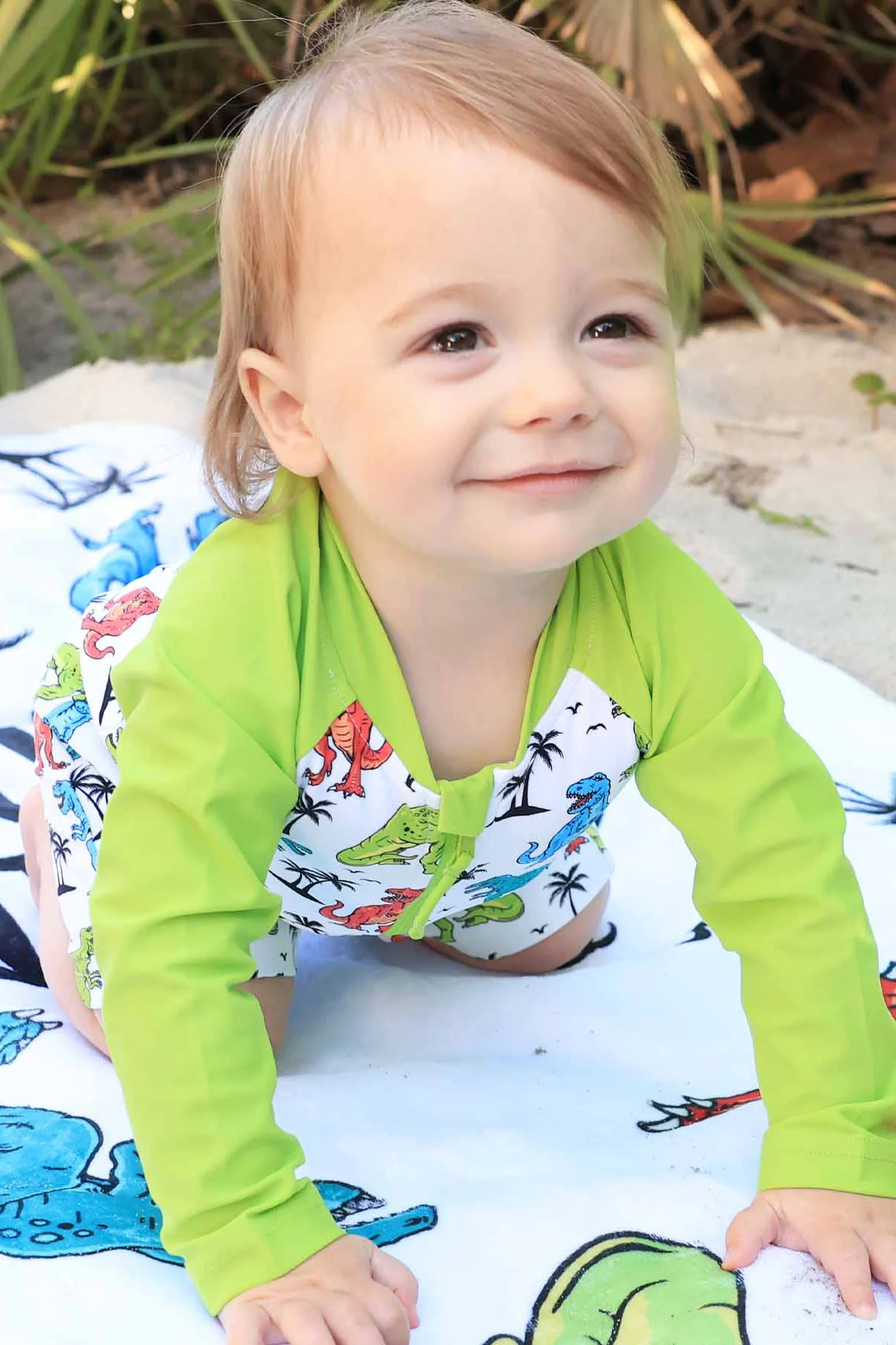 Long Sleeve Rash Guard Swim Romper Shortie | Tropical T-Rex - Image 3