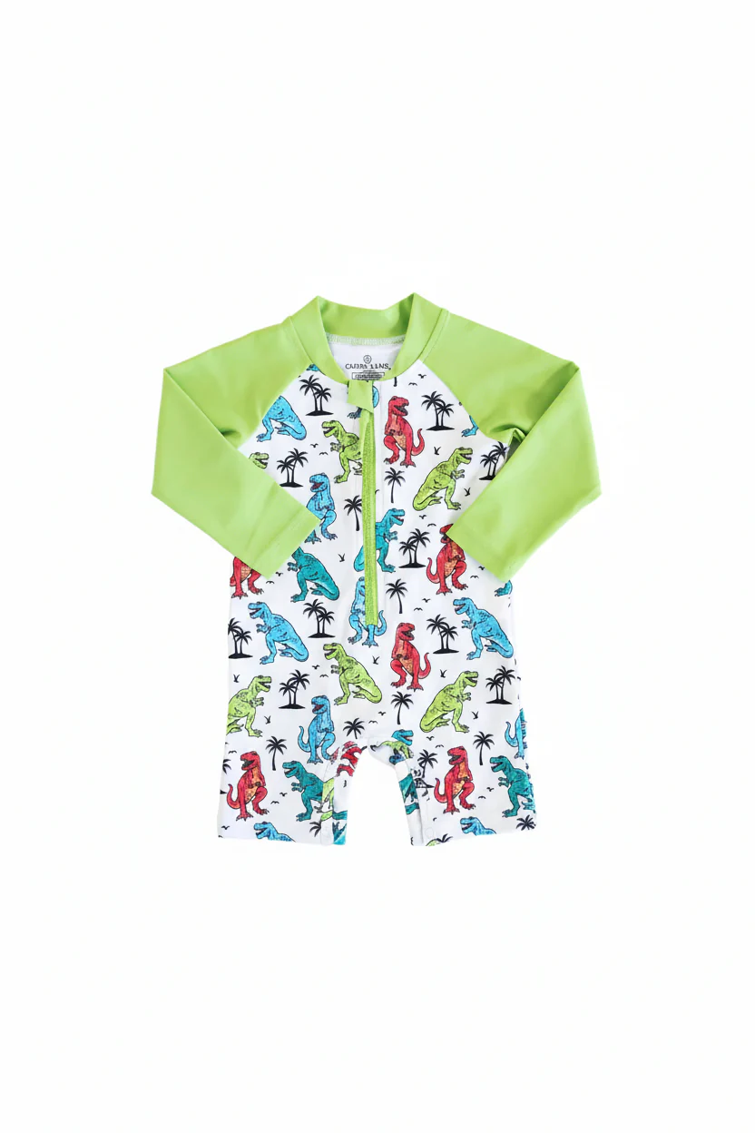 Long Sleeve Rash Guard Swim Romper Shortie | Tropical T-Rex - Image 4