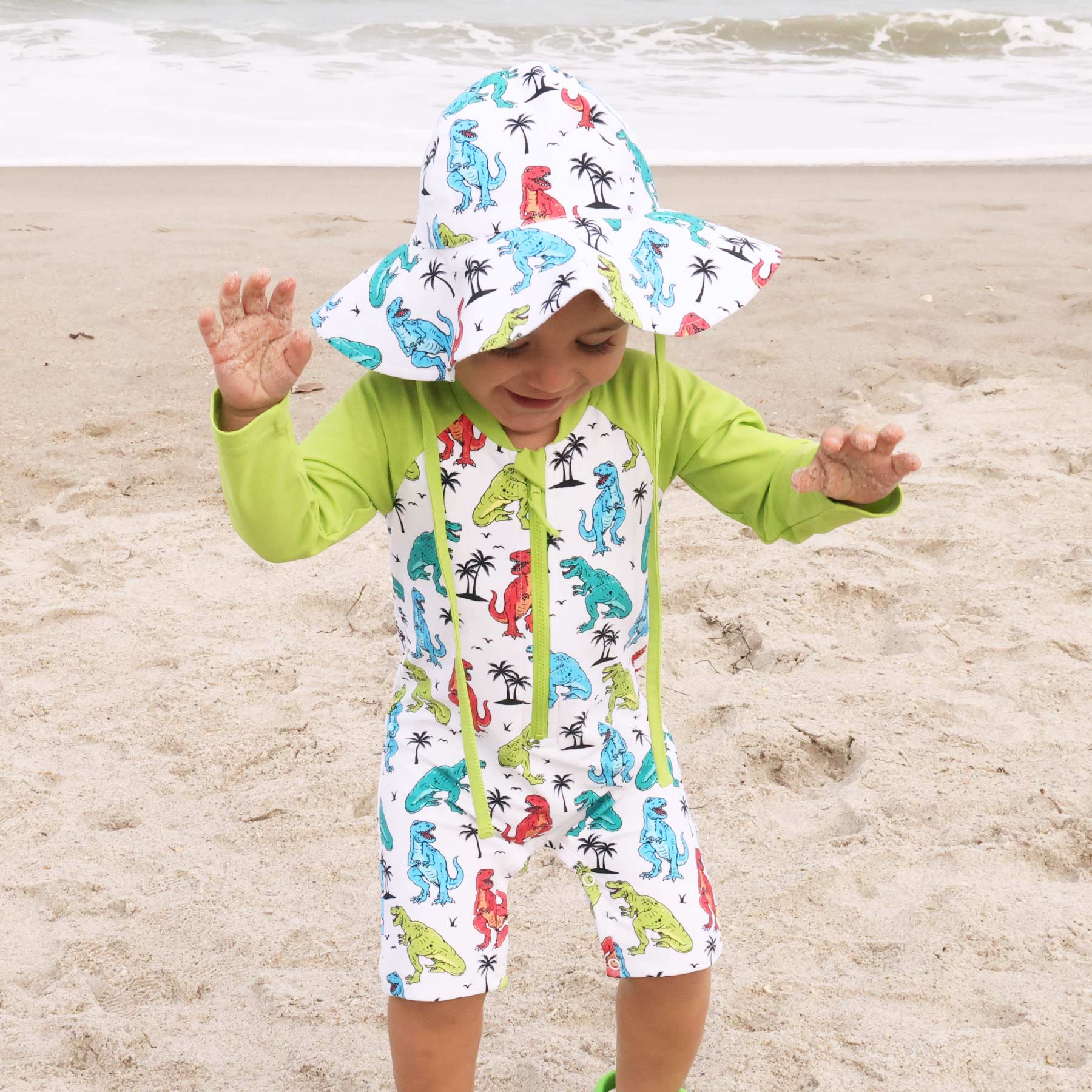 Long Sleeve Rash Guard Swim Romper Shortie | Tropical T-Rex - Image 5