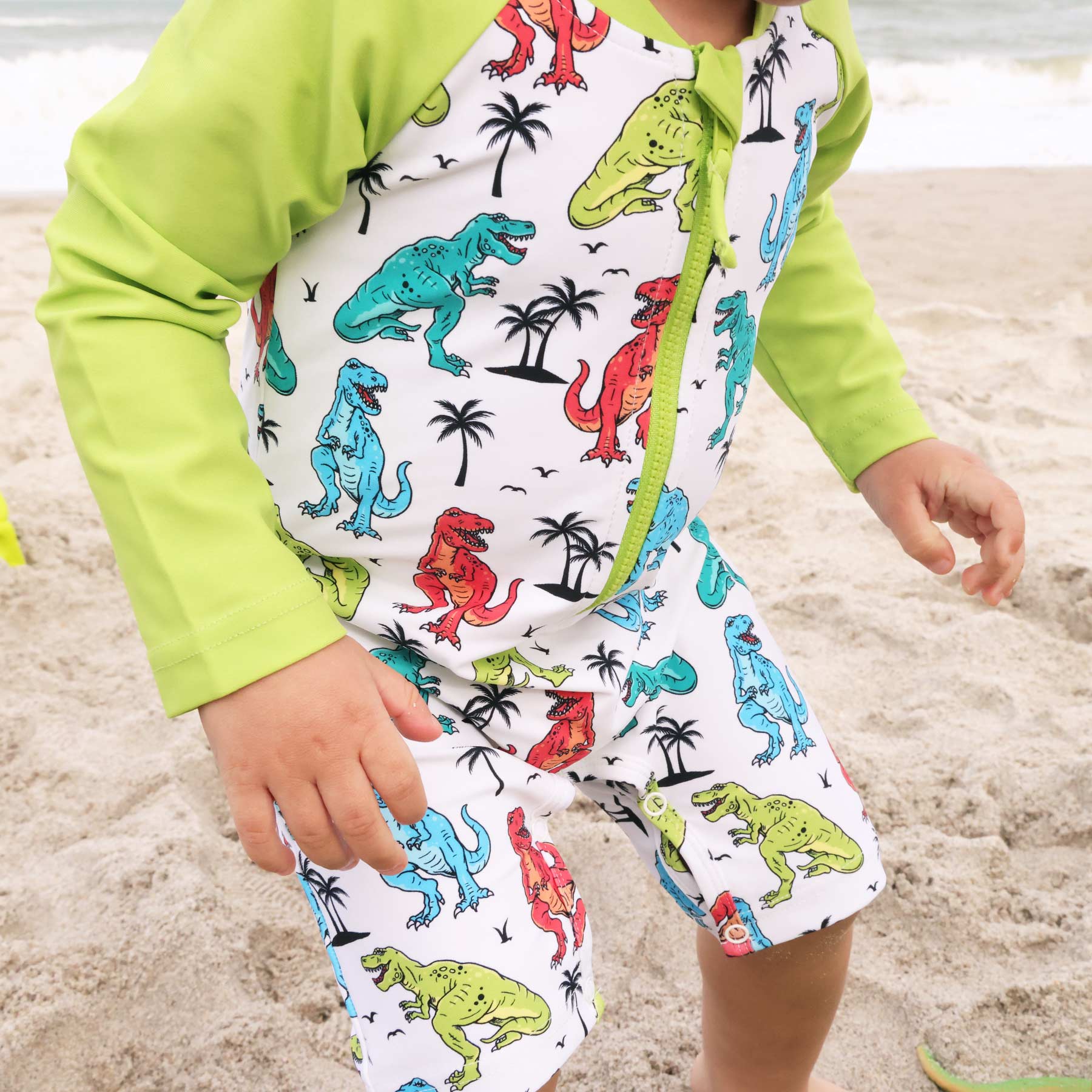 Long Sleeve Rash Guard Swim Romper Shortie | Tropical T-Rex - Image 6