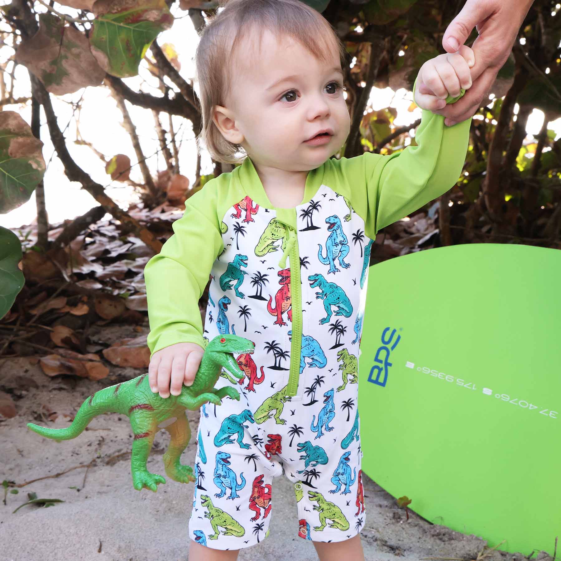 Long Sleeve Rash Guard Swim Romper Shortie | Tropical T-Rex - Image 7
