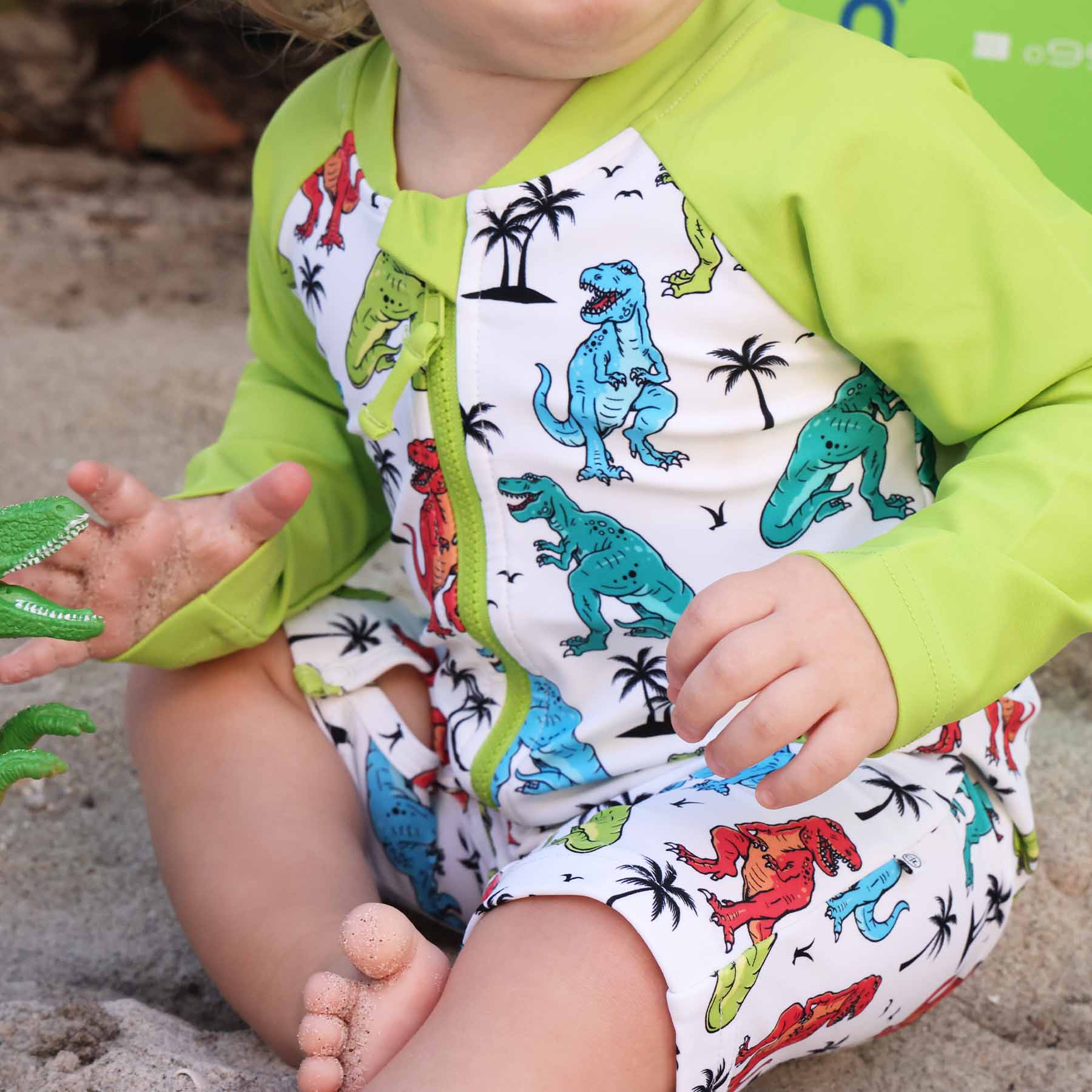 Long Sleeve Rash Guard Swim Romper Shortie | Tropical T-Rex - Image 8
