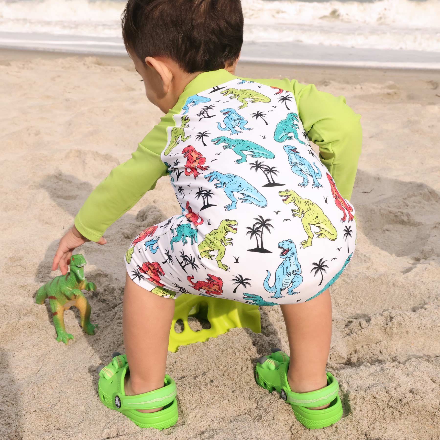 Long Sleeve Rash Guard Swim Romper Shortie | Tropical T-Rex - Image 9