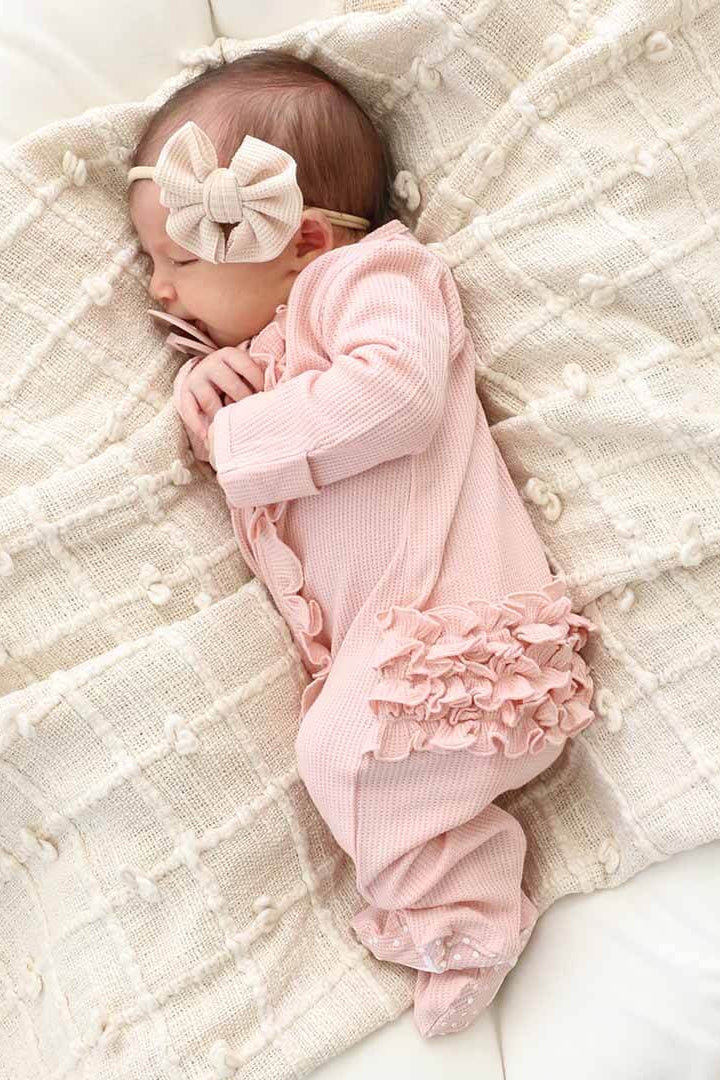 Lovely Pink Bamboo Waffle Ruffle Zipper Footie - Image 3