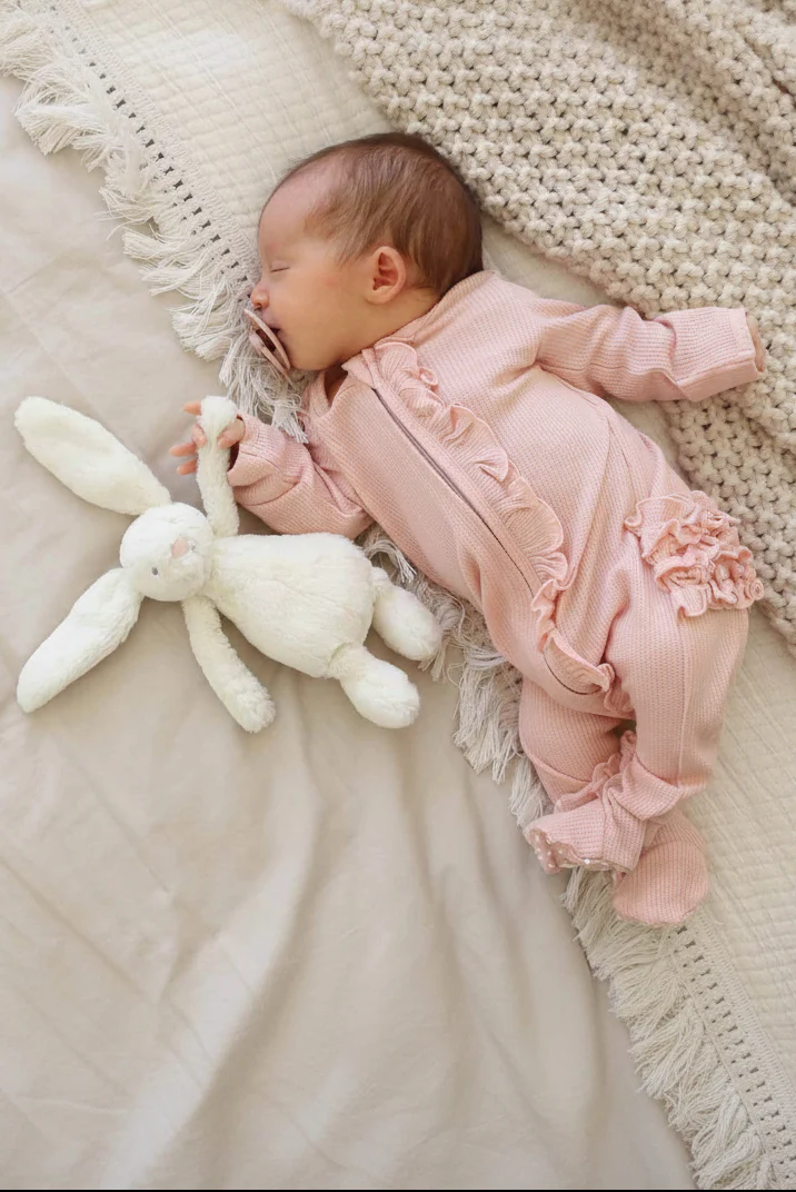 Lovely Pink Bamboo Waffle Ruffle Zipper Footie - Image 4