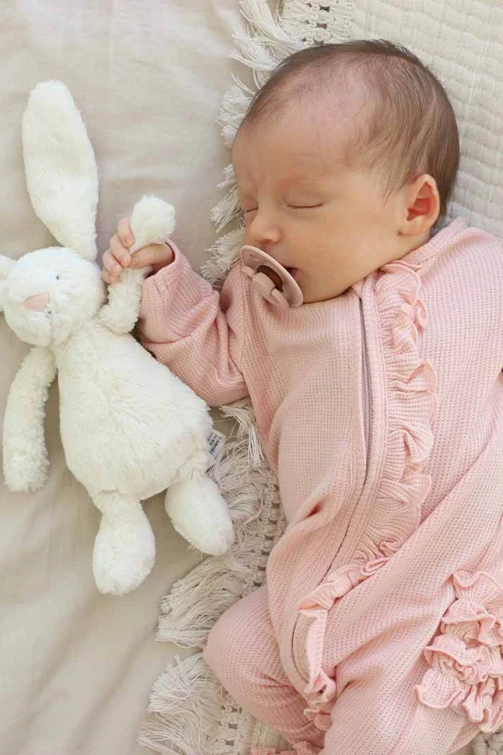 Lovely Pink Bamboo Waffle Ruffle Zipper Footie - Image 5