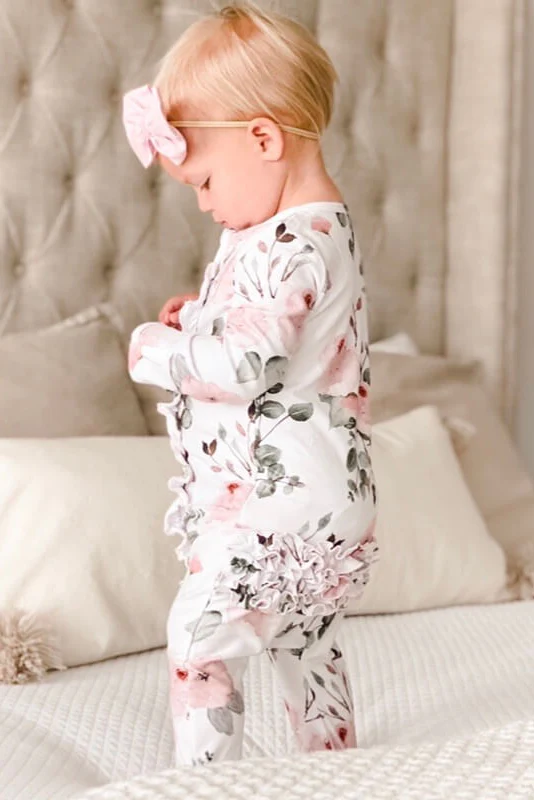 Millie's Dusty Rose Floral Ruffle Zipper Footie - Image 3