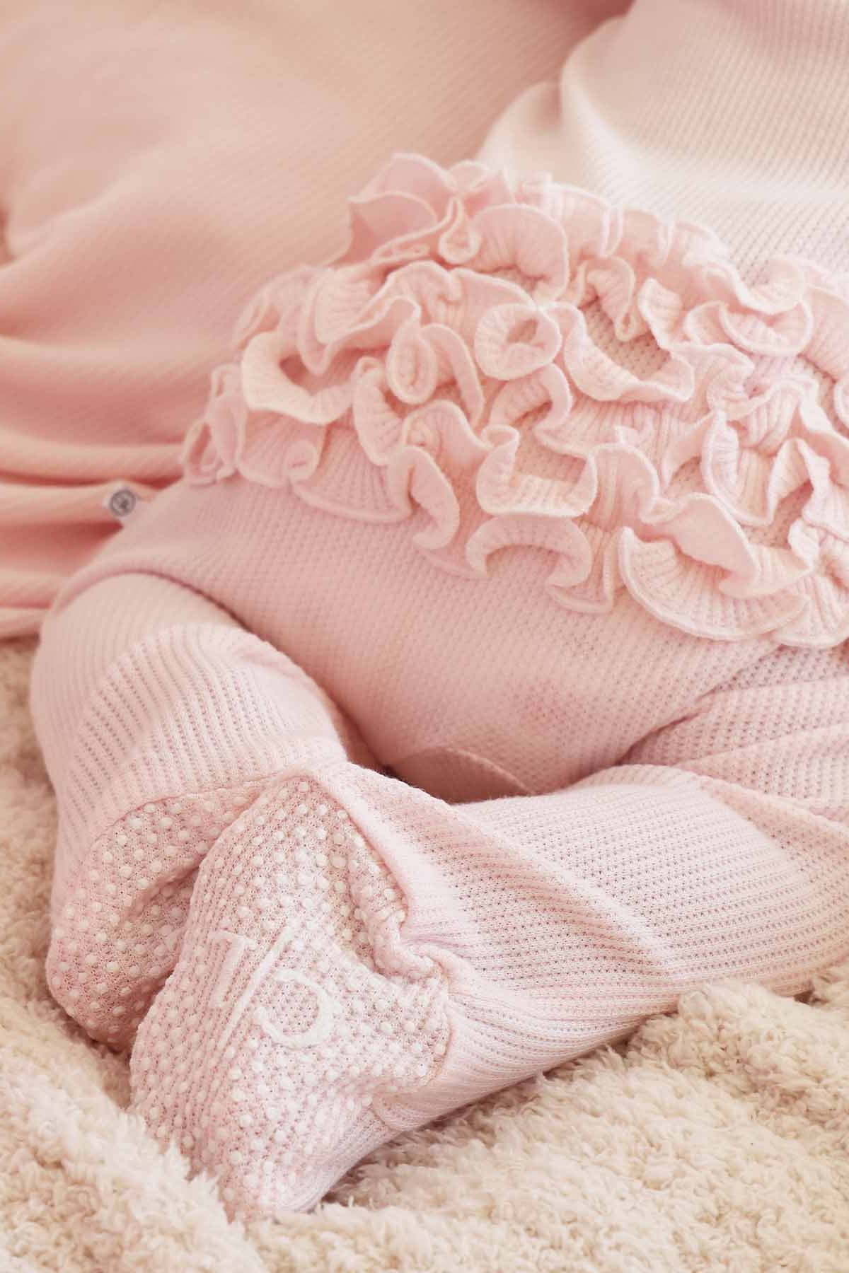 Pearl Pink Bamboo Waffle Ruffle Zipper Footie - Image 3
