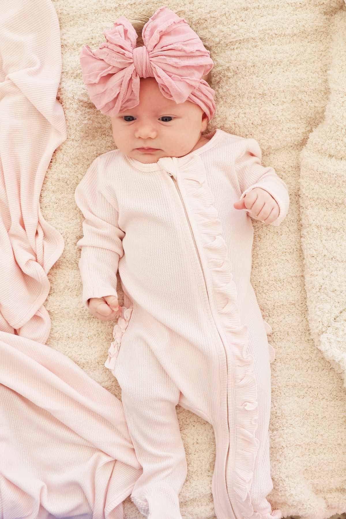 Pearl Pink Bamboo Waffle Ruffle Zipper Footie - Image 5