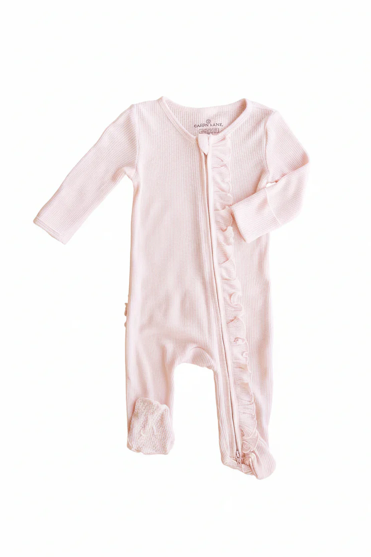 Pearl Pink Bamboo Waffle Ruffle Zipper Footie - Image 6