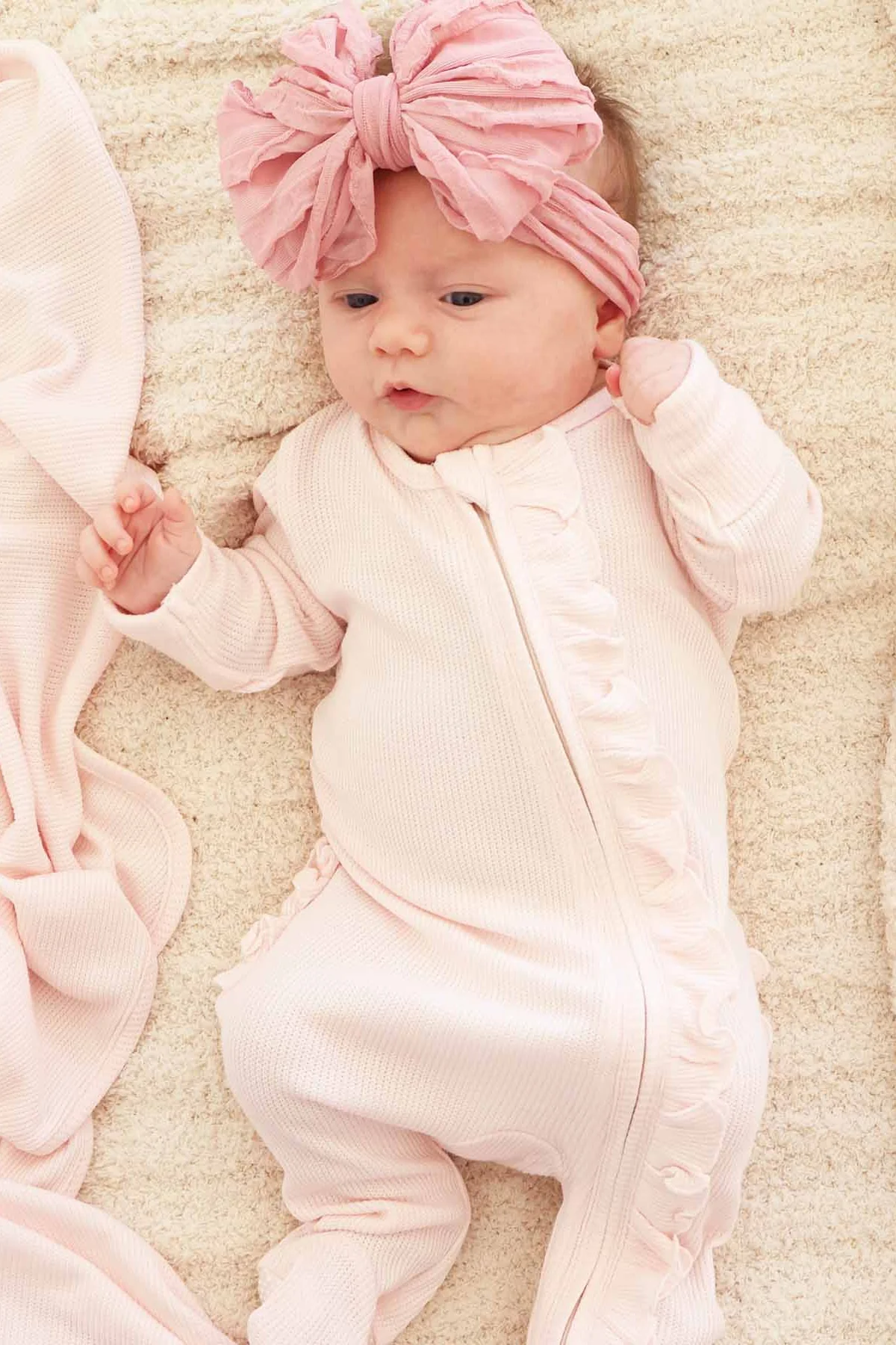 Pearl Pink Bamboo Waffle Ruffle Zipper Footie - Image 7