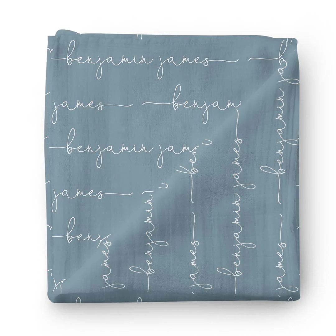 Personalized Dusty Denim Baby Name Swaddle Blanket - Image 3