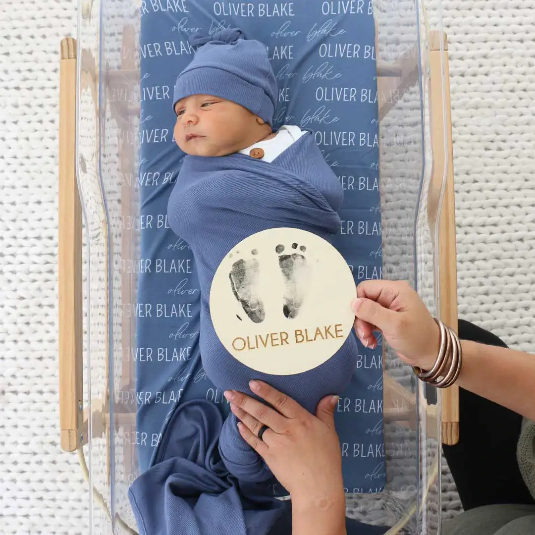 Personalized Steel Blue Baby Name Swaddle Blanket | Block Script - Image 4