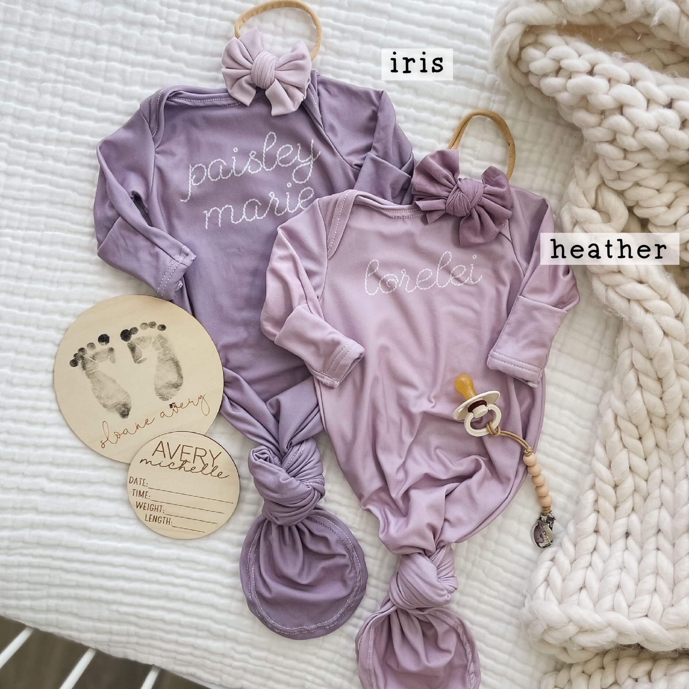 Personalized Stitched Newborn Baby Knot Gown | Lavender Dreams - Image 4