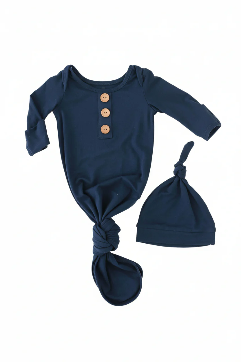 Solid Dark Navy Bamboo Baby Knot Gown & Hat - Image 3