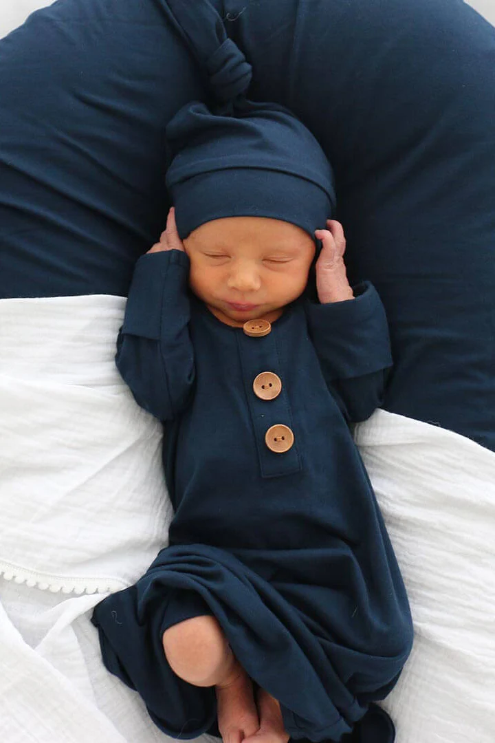 Solid Dark Navy Bamboo Baby Knot Gown & Hat - Image 4