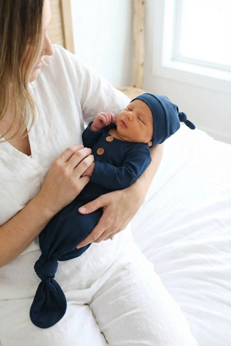 Solid Dark Navy Bamboo Baby Knot Gown & Hat - Image 5